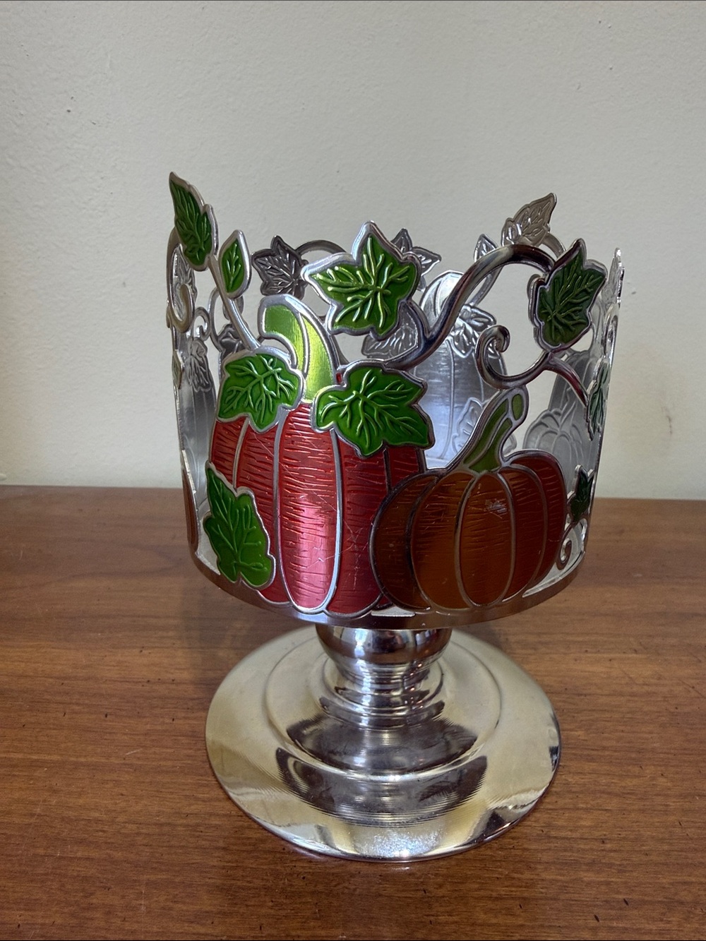 BBW Decorative Pumpkin Pedestal 3-Wick Candle - Red, Orange, Green Metal Holder